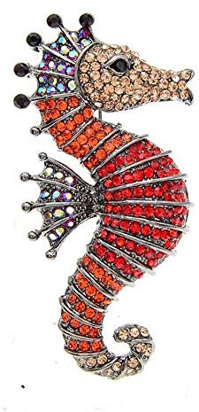 Broche bijou poisson hippocampe strass cristal rouge et orange.