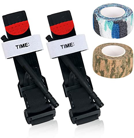 Tourniquet Tactical Equipment Emergency Outdoor 2 Pieces Tourniquet Tactical Tourniquet Fight Application for Blood Loss Control and 2 Pieces Elastic Wrap Tape Army Tape