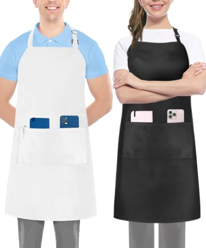 Utopia Kitchen 2 Pack Adjustable Aprons with 2 Pockets, Water and Oil Resistant Chef Apron for Women and Men, Black and White., 2 Pack