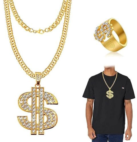 CHEVVY Hip Hop Goldene Dollar- Kette 80er Hop Rapper Zubehör Ring Gangster Retro 70er, 80er, 90er Jahre Fasching Accessoires Mottoparty