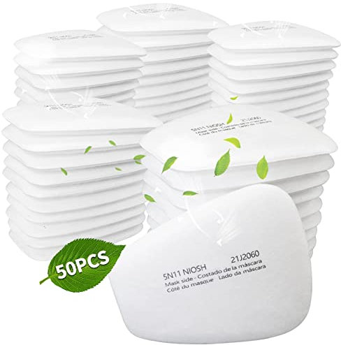 50 Stück Filter-Baumwoll-Atemschutzmasken, 5N11 austauschbare Partikelfilter aus Baumwolle für Gas-Atemschutzmasken 6000 6100 6200 6800 7501 7502 Serie, verwendet in Sprühfarbe, Staubpartikel, Weiß