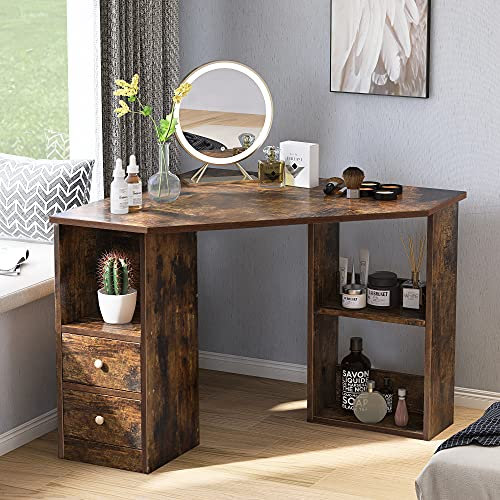 Merax Corner Computer Desk Triangle Study Desk L-shaped Desk Dressing Table PC Laptop Table with 2 Drawer Large Storage Space Environmental Wood for Office or Home Brown