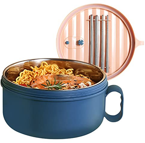Ramen Bowl Set Ramen Bowl with Lid Instant Noodle Bowl Large Soup Cup with Handle Ramen Bowls Microwave Safe Ramen Bowl Traditional Japanese Tableware (Blue with Inner Lining)