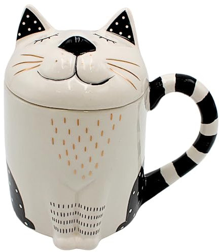Dekohelden24 Tazza da caffè a forma di gatto con coperchio in ceramica, colore bianco e nero e oro, dimensioni: altezza ca. 14 x 9 cm, capacità ca. 400 ml