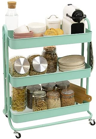 Craftelier - Carrito Grande Metálico de Organización con 3 Bandejas | 4 Ruedas Giratorias 360º con Frenos en 2 | Tamaño Total: 71,2 x 61 x 29 cm - Profundidad de Las Bandejas: 6,6 cm | Color Mint