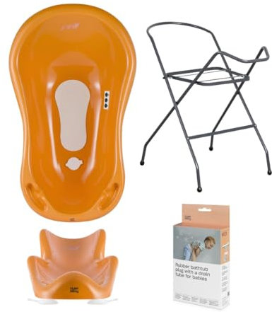 Hylat Baby Set: Stabile Babybadewanne mit Thermometer, Gestell, Badesitz und Abfluss - ideale Lösung für die tolle Badeerlebnisse - Motiv: Fox, Farbe: Orange