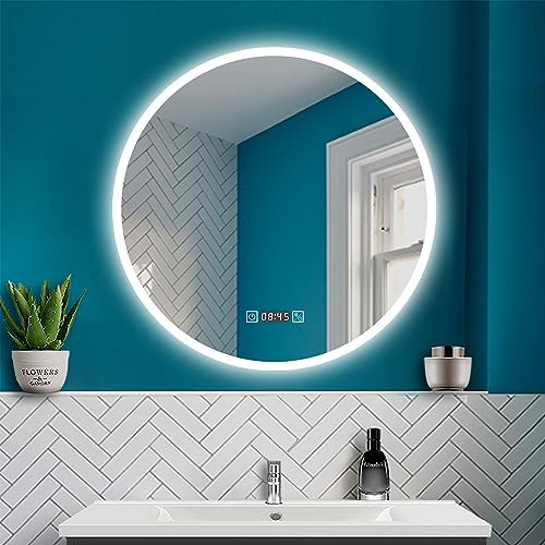 HAPAOSO LED Badspiegel mit Beleuchtung Badezimmer Rund Spiegel mit Uhr + 3 Lichtfarbe + Beschlagfrei + dimmbar + speicherfunktion Wandspiegel mit Touchschalter