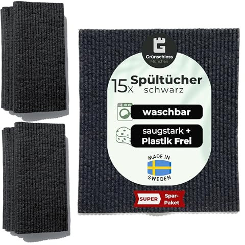 Grünschloss Spültücher schwarz -15x Schwammtuch waschbar Küchentücher Baumwolle & Holz-Zellstoff - Küchenlappen, Putzschwamm Made in Sweden - extra saugstarke universal Reinigungstücher & Wischlappen