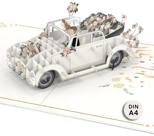 papercrush® DIN A4 XXL Pop-Up Karte Hochzeitsauto - Extragroße 3D Hochzeitskarte mit Auto „just married“, Glückwunschkarte zur Hochzeit, Geldgeschenk für Hochzeitsreise & Flitterwochen von Brautpaar
