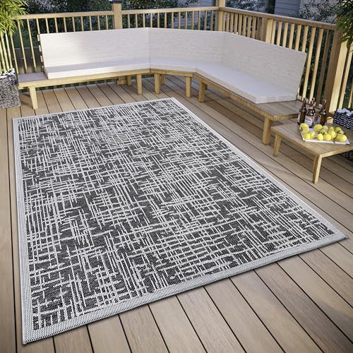 Hanse Home Telu In- & Outdoor Teppich Wetterfest – Modernes Muster, Wasserfest robuster Aussenteppich Flachgewebe für Garten, Balkon, Terrasse, Wohnzimmer – Grau Beige, 190x290cm