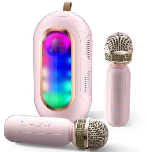 ICARERSPACE Karaoke Maschine mit 2 Kabellosen Mikrofonen, Tragbarer Bluetooth Karaoke mit 5 Verschiedenen Soundeffekten und Lichteffekten, Karaoke Maschine für Kinder oder Erwachsene - Rosa