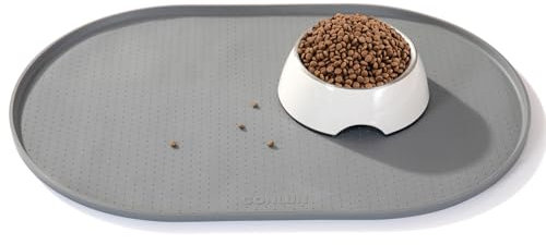 Conlun Napfunterlage Hund,1,2cm Hohe Ränder Futtermatte Katzen zur Vermeidung von Verschüttungen,BPA-Freie Silikonmatte mit Rand Gummi-Hundenapf Unterlage für Futter- und Wassernäpfe(Grau,48x30 cm)GR