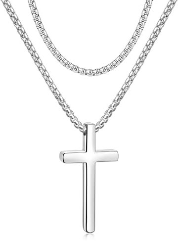 Moguri Collana da uomo a forma di croce in acciaio inox da 60 cm, con ciondolo a forma di croce argentata, per ragazzi, contiene 1 catena di ricambio lunga 45 cm