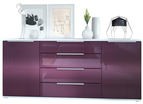 Vladon Sideboard Linio V2 166,5 x 72,5 x 35 cm Anrichte mit 2 Türen und 4 Schubladen, Korpus in Weiß matt, Fronten in Brombeer Hochglanz
