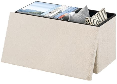 eSituro Tabouret Pouf Pliable, Pouf Coffre de Rangement, Tabouret Cube Pliant avec Couvercle Amovible, Boîte à Jouets, Repose-Pieds Pliable en Tissu Polaire, Beige, 38x38x37cm