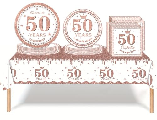 53Pcs Rose Gold Happy 50th Birthday Party Tableware Set - Plastic Table Cloth, Paper Plates, Napkins, Disposable Tableware Kit for Women's 50th Birthday Decorations