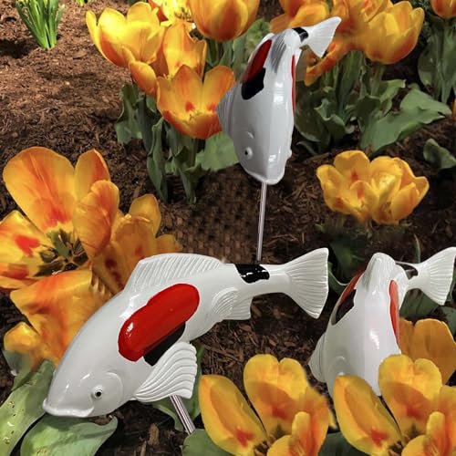 Generic Fische im Garten, Koifisch-Dekoration, Harz Gartenskulpturen, Keramik mit Pfahl für den Außenbereich, Garten, Rasen, Teich, Terrasse, Dekoration Koi-Fisch-Statue im Freien (White)