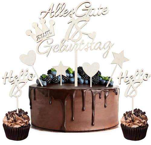 BURGEON Holz Torten Deko 18 Geburtstag, 7 Stück Tortendeko 18 Geburtstag Mann Frau Deko, Alles Gute zum Geburtstag 18 Jahre Kuchendeko, Happy 18th Birthday Cake Topper, Kuchen Topper für Mädchen Junge