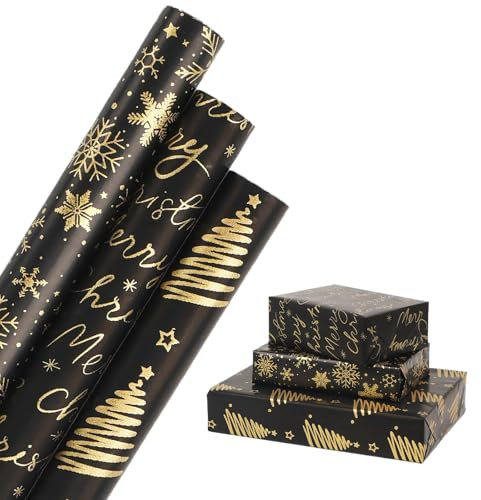 HBell Christmas Wrapping Paper Rolls,3 Rolls 44cm x 3m Snowflake Xmas Tree Wrapping Paper,Metallic Xmas Wrapping Paper,Xmas Gift Wrap Paper for Christmas,Party,Festive Decorations (Black Gold)