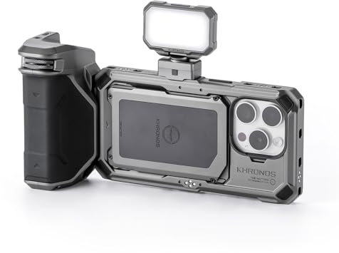 TILTA Khronos Telefonkäfig für iPhone 15 Pro mit Mini-LED-Panel und Fokus-PD-Griff, Aluminiumlegierung, mobiles Video-Rig, Smartphone-Gehäuse-Stabilisator-Basis-Kit - Space Grey TK-IP15-PB-SG
