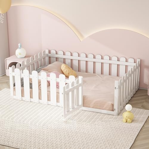 WIZBED Kinderbett 140 x 200 cm, Montessori Bodenbett inkl. Rausfallschutz und Tür, Holzbett für Jungen und Mädchen, Laufstall, weiß, ohne Lattenroste & Matratze