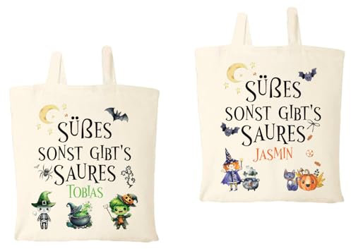 Unibly Personalisierte Nachhaltige Halloween Baumwolltaschen Süßes sonst gibt's Saures | 200 g/m² | OEKO-TEX® zertifiziert Einkaufstasche, Jutebeutel, Stofftasche