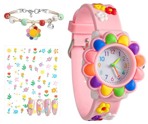 Orologi Bambina Orologio Ragazza con 3D Rosa Girasoli Cartone Animato Cinturino in Silicone Movimento al Quarzo Kids Orologio Bambini Con Adesivi per Unghie, Braccialetto per Ragazze da 3-10 Anni