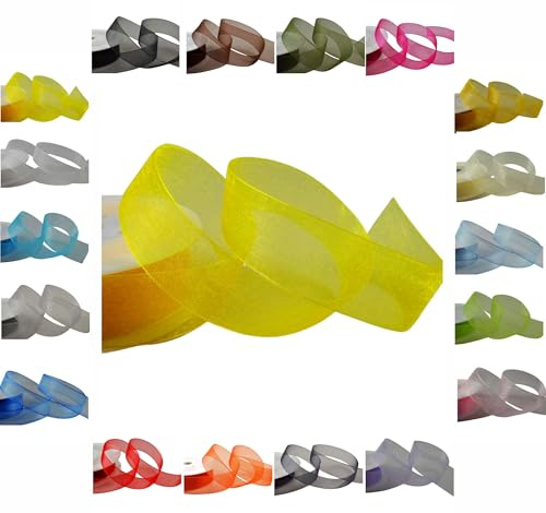 50m / 25m Roll Luxury Organza Woven Edge Ribbon Reel Rolls 3mm, 9mm, 15mm, 25mm, 40mm (Yellow, 40mm x 25 Metres)