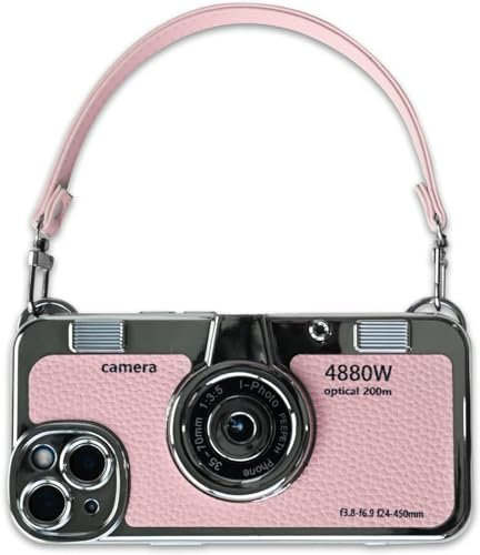 Mscomft Classic Emily in Paris Phone Case,2023 New Vintage Camera Design Case That Looks Like a Camera,for iPhone 14 Camera Phone Leather Bracelet Sling Cover case (Pink, for iPhone 16 Plus)