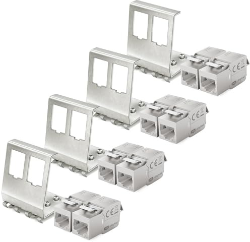 hb-digital Set: 8X CAT.6a Keystone RJ45 Modul + 4X Hutschienenadapter Metall Keystone-Halterung für Hutschiene 35mm Standard | RJ45-Jack geschirmt Edelstahl LSA Montage Ethernet LAN Netzwerk Switch