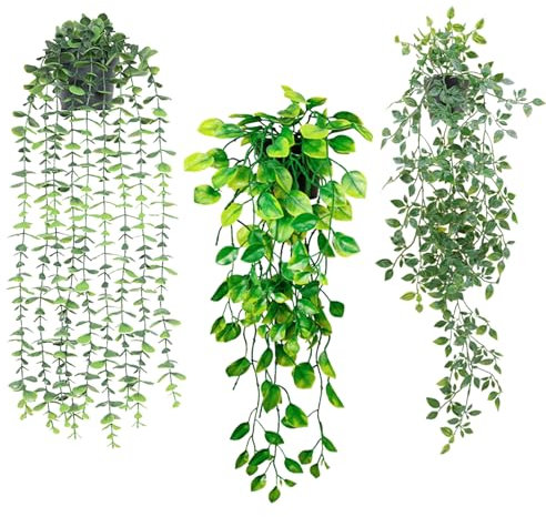 3 Stück Künstliche Pflanzen im Topf, Kunstpflanze Hängend Efeu Efeutute Wand Wohnzimmer Bad Regal Deko, Hängepflanze Künstlich Wie Echt, Plastik Pflanze mit Töpfe,Fake Plant Indoor Outdoor (Stil 1)