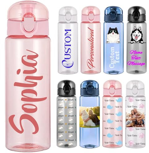 Bouteille d'Eau Personnalisée 780ml avec Photo et Prénom - Sur Mesure Bouteille en Plastique Transparente Reutilisable, Cadeau Sport/Fitness/Voyage pour Femme, Homme, Adulte - Texte Vertical Rose