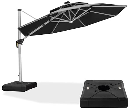 PURPLE LEAF Sonnenschirm mit Sonnenschirmständer Ampelschirm 330 cm mit LED Solar Beleuchtung Marktschirm 360° Rotation, Gartenschirm mit Kurbel, Balkonschirm Sonnenschutz UV50+, Grau