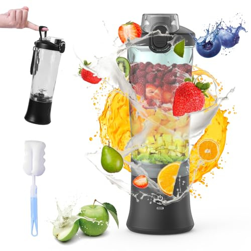 Mixer Smoothie Maker To Go, 600ML Tragbarer Smoothie Mixer To Go elektrisch mit 6 Klingen, Portable Blender Smoothie Maker mit Tassen und Bürste für Fitnessstudio, Büro, Sport