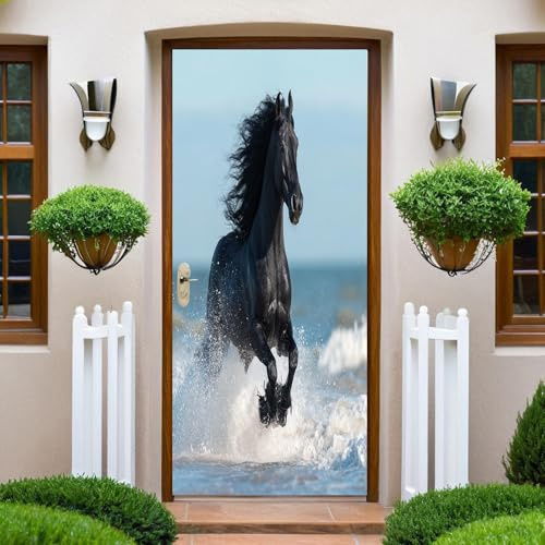 Hellblau Türaufkleber Tier Schwarzes Pferd Türtapete Selbstklebend Türposter 77x200 cm Vinyl Türfolie Küche Aufkleber Wandtapete für Tür Wohnzimmer Schlafzimmer Bad Dekor