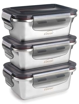 LACOR - 64623 - Recipientes para Alimentos Ecoinox, 3 x 260 ml (MINI), Acero Inoxidable 18/10, Porciones Pequeñas/Snacks, Microondas, Horno, Congelador y Lavavajillas, Hermético, BPA Free