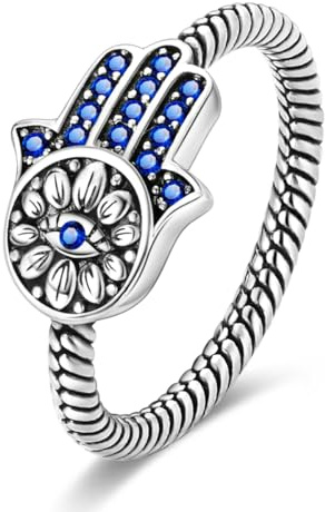 Hapour 925 Sterling Silber Ring für Frauen, Hamsa Evil Eye Ring mit CZ Steinen Hand der Fatima Ewigkeitsringe Einzigartige Statement Band Größe L1/2 - S