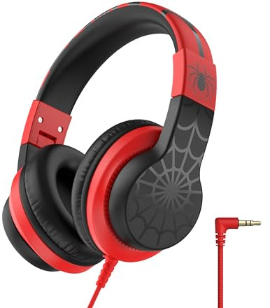 iClever HS19 Casque Audio Filaire pour école/Voyage avec Volume sûr 85/94 DB, Son stéréo HS19 pour Filles et garçons avec Micro, Casque Filaire pour iPad/Ordinateur (Noir/Rouge, Kid)