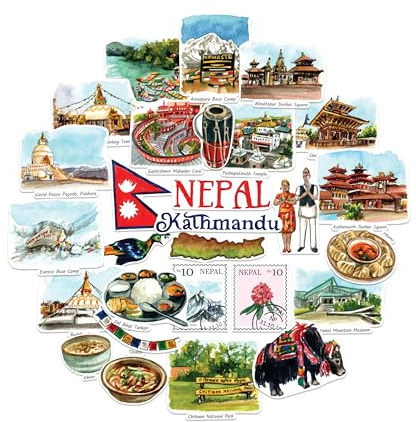 Navy Peony Spirituelle Nepal-Sticker (28 Stück) – Aquarell, Kathmandu, Everest, Himalaya, Nepal-inspirierte Urlaubsaufkleber für Scrapbooks, Tagebücher, Gepäck