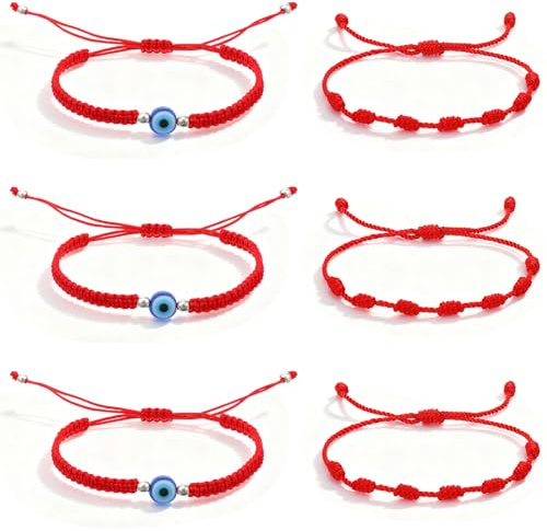 HekouJiub 6 Stück Rotes Armband Schutz Verstellbar Evil Eye Glücksarmband Damen Schnurarmband Geflochtenes Armbänder Freundschaftsbänder mit Glücksbringer für Damen Herren Freunde Familie