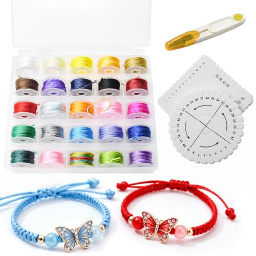ZEKUN 25 Stück Gewachste Schnur 0,55mm X 9m Nylonschnur Gewachste Baumwollschnur Garn Mit Box Wax Schnur für Armbänder, Halsketten, Schmuckherstellung, DIY Basteln（Enthält 2 Flechtscheibe