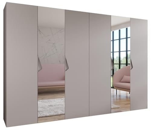 MEBLE KRYSPOL - Kleiderschrank - Garderobenschrank - 300 cm x 202 x 52 cm - Schrank mit Kleiderstange und Spiegel, 6 Türen - für Schlafzimmer, Flur - SANDI, Kaschmir, Griff Kaschmir