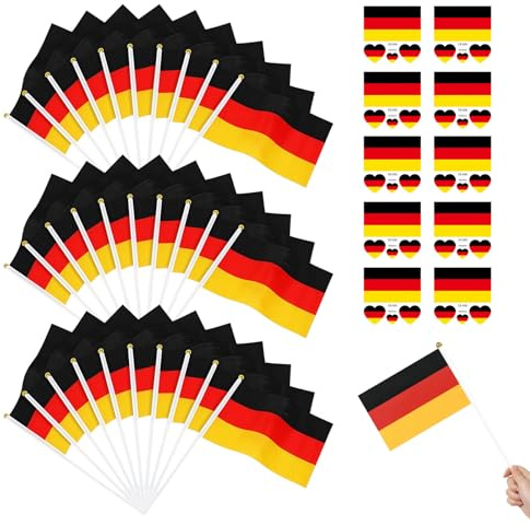 LuminaVerde artículo de Aficionado, 30 pequeñas Banderas de Alemania con mástil y 10 Paquetes de Adhesivos, artículo de Aficionado fútbol Euro 2026