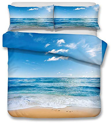 Bettwäsche Set Ozean Welle Strand Blauer Himmel und Weiße Wolken Mehrfarbig Landschaft Bettbezug und Kissenbezug Bettwäsche mit Reißverschluss Ganzjährig Einzelbett 135x200cm