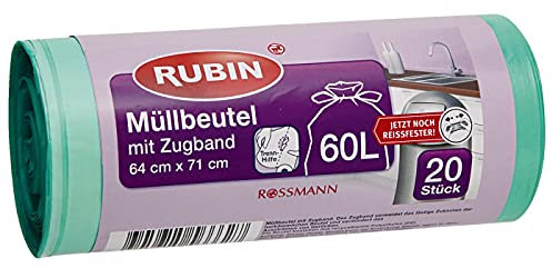 RUBIN Müllbeutel mit Zugband 60 l 1 x 20 Stück jetzt noch reißfester, Maße: ca. 64/71 cm