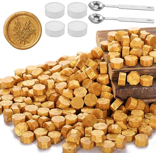 Mogokoyo 300 Stück Siegelwachs Perlen Siegellack Set mit 2 Stück Wachs Schmelzen Löffel und 4 Stück Kerzen für Umschlag/Briefkopf/Einladungen/Geschenk (Gold)