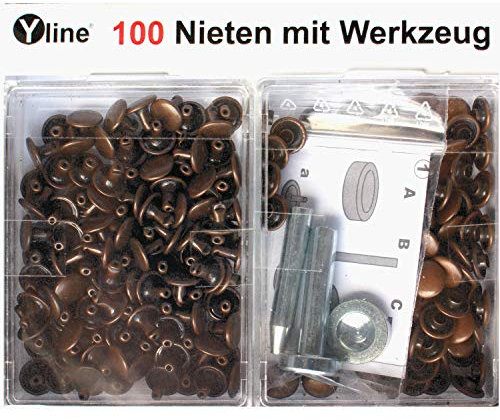 Yline 3096 - 100 rivetti in rame, 9 mm, con attrezzi (rivetti cavi) in scatola SB