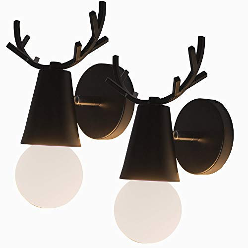2pcs Applique Ferro Cervo Antler Ø10cm Lampade da Parete Retrò Design Creativo Regolabile Moderno Illuminazione Notturna in Metallo Letto per Bambini Studio Cafe (Nero)