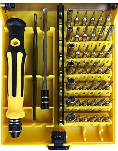 Mini Schraubenzieher Set, magnetisch, für Präzisionsreparaturen mit diversen Bits geeignet für Handy, Laptop, PC, Brillen, Uhren und vieles mehr (45 teilig) (Gelb/Schwarz)