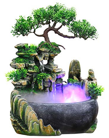 Zimmerbrunnen mit LED Beleuchtung, Tischbrunnen Wasserfall mit Nebel, GartenAquariumHarz Desktop-Brunnen, Zen Light Zimmerbrunnen mit Pflanzen, luftbefeuchter Dekoration 20 x 20 x